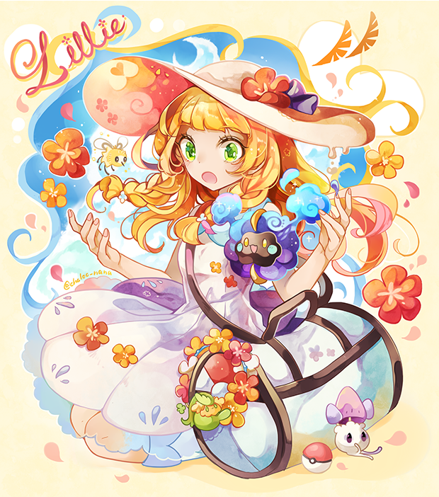lillie, cosmog, cutiefly, comfey, and morelull (pokemon and 1 more) drawn by coco7