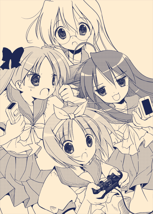 hiiragi kagami, izumi konata, hiiragi tsukasa, and takara miyuki (lucky star) drawn by watari_masahito