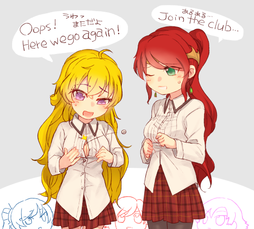 ruby rose, weiss schnee, yang xiao long, pyrrha nikos, and nora valkyrie (rwby) drawn by sora_(efr)