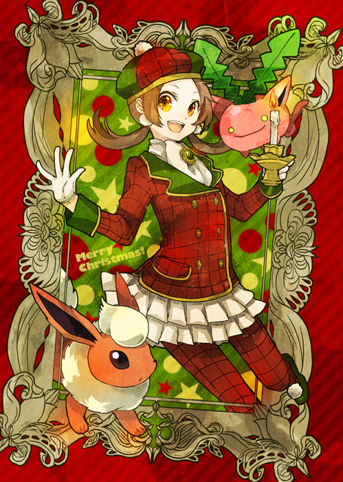 lyra, flareon, and hoppip (pokemon and 1 more) drawn by buzz_(moi)