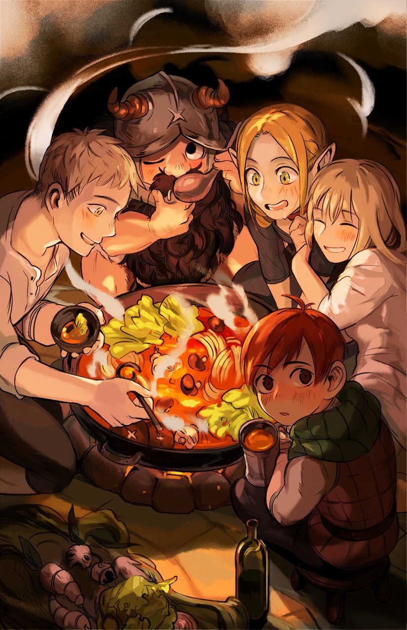 marcille donato, falin touden, laios touden, senshi, and chilchuck tims (dungeon meshi) drawn by katy_ho