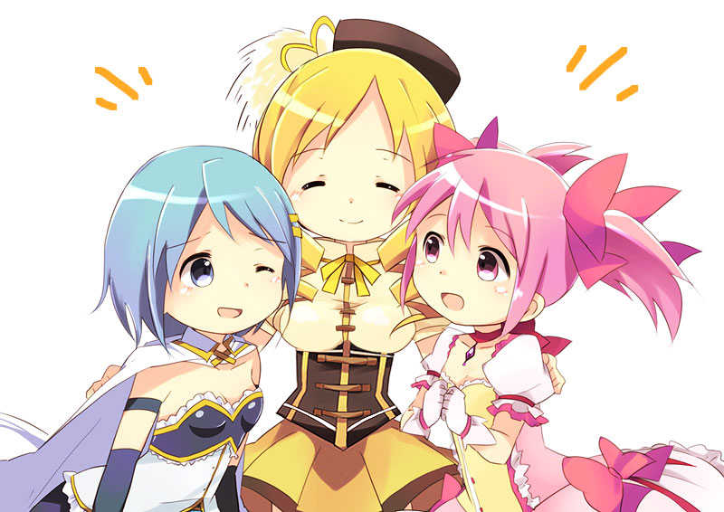 kaname madoka, miki sayaka, and tomoe mami (mahou shoujo madoka magica) drawn by uzupico