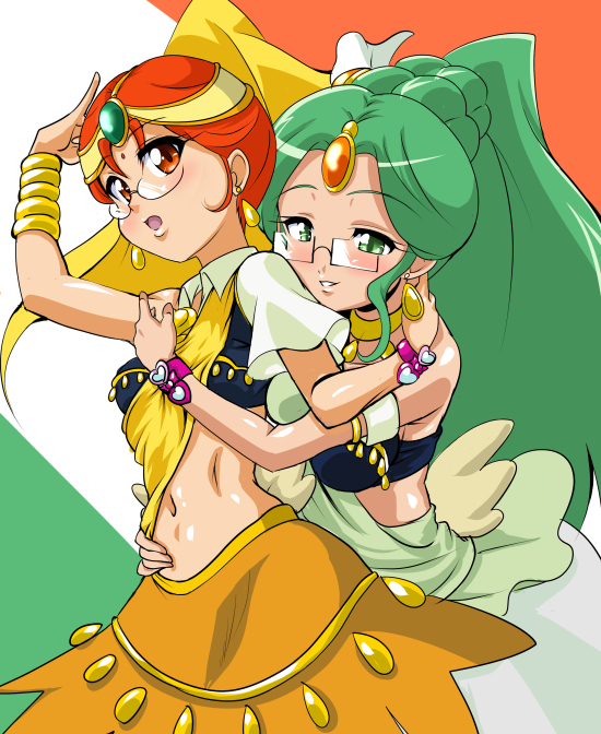 green haired cure and orange haired cure (precure and 1 more) drawn by sorano-umi