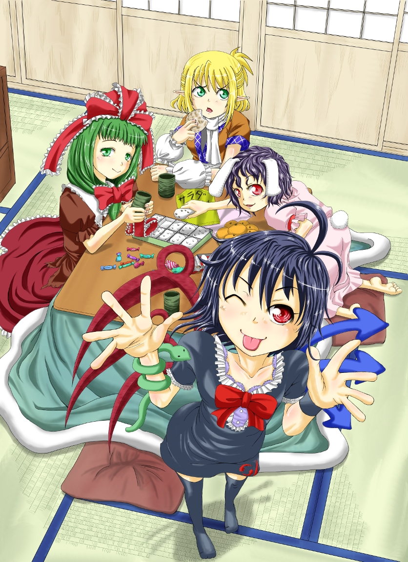 inaba tewi, houjuu nue, mizuhashi parsee, and kagiyama hina (touhou) drawn by shiba_meiji