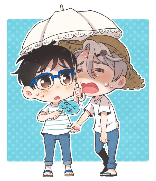 katsuki yuuri, viktor nikiforov, and makkachin (yuri!!! on ice) drawn by ruei_(chicking)