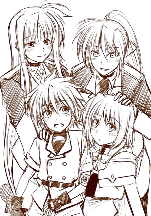 fate testarossa, signum, caro ru lushe, erio mondial, and kerykeion (lyrical nanoha and 1 more) drawn by hagane_soushi