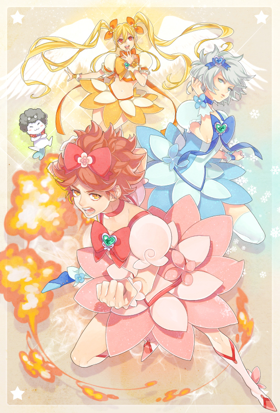 cure marine, cure blossom, cure sunshine, afuro terumi, nagumo haruya, and 2 more (precure and 2 more) drawn by sencha_(senchat)