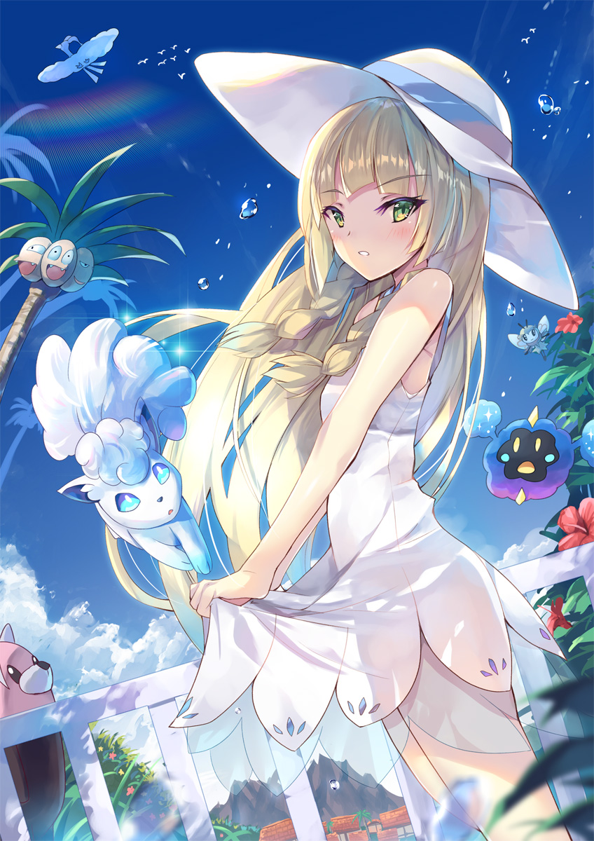 lillie, alolan vulpix, altaria, cosmog, alolan exeggutor, and 2 more (pokemon and 1 more) drawn by inoue_takuya_(tactactak)