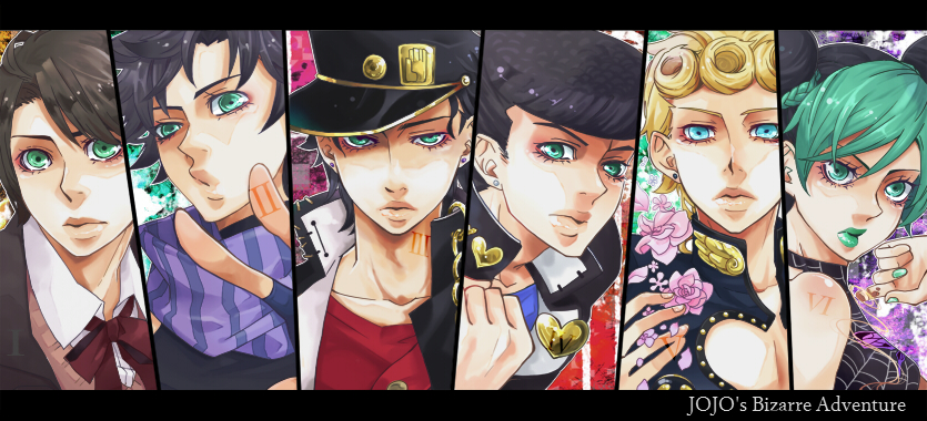 joseph joestar, kujo jotaro, kujo jolyne, giorno giovanna, jonathan joestar, and 1 more (jojo no kimyou na bouken and 6 more) drawn by az_y