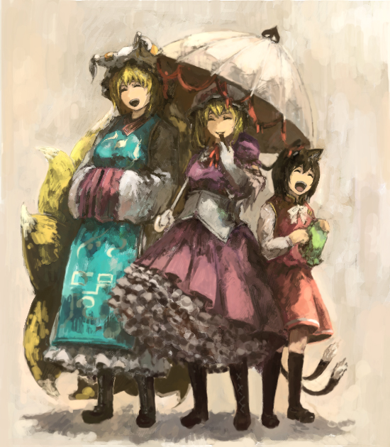 yakumo yukari, yakumo ran, and chen (touhou) drawn by shoutarou_(tibi2)