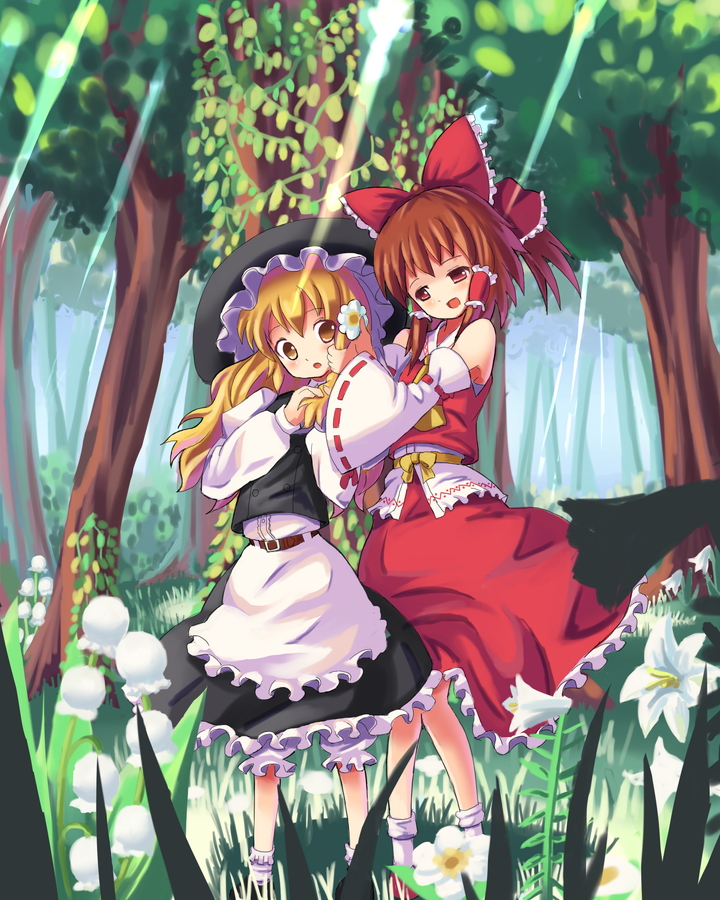 hakurei reimu and kirisame marisa (touhou) drawn by hakkotsu_shitai