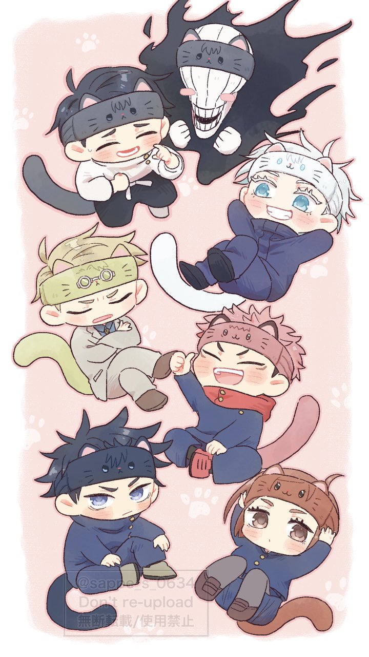 gojou satoru, itadori yuuji, fushiguro megumi, kugisaki nobara, nanami kento, and 1 more (jujutsu kaisen) drawn by sappe_s_0634