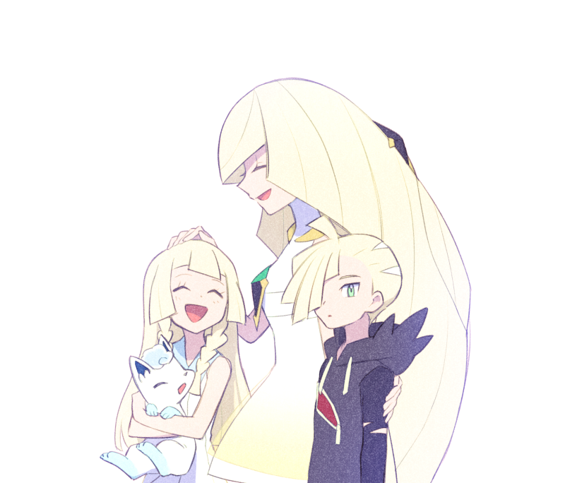 lillie, lusamine, gladion, and alolan vulpix (pokemon and 1 more) drawn by ame_(ame025)