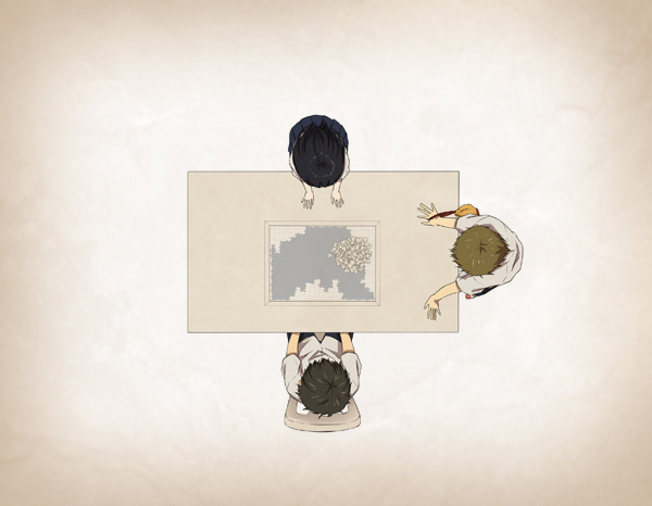 chitanda eru, oreki houtarou, and fukube satoshi (hyouka) drawn by rito453
