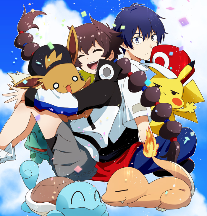 pikachu, eevee, bulbasaur, squirtle, charmander, and 2 more (pokemon and 1 more) drawn by hirako