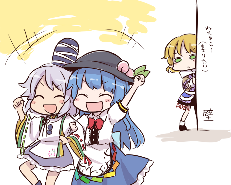 hinanawi tenshi, mizuhashi parsee, and mononobe no futo (touhou) drawn by yamabuki_(yusuraume)