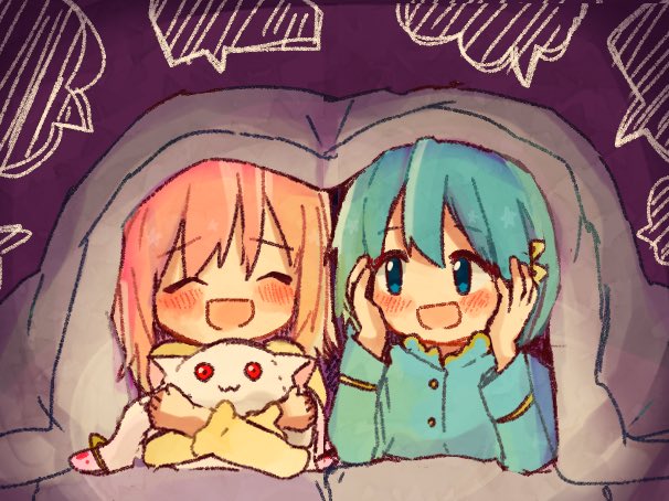kaname madoka, miki sayaka, and kyubey (mahou shoujo madoka magica) drawn by okayutoma