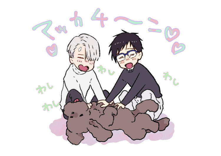 katsuki yuuri, viktor nikiforov, and makkachin (yuri!!! on ice) drawn by eugenio2nd