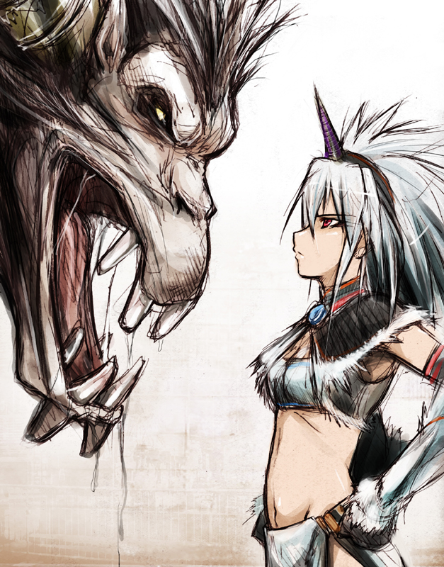 monster hunter and rajang (monster hunter) drawn by kaiga