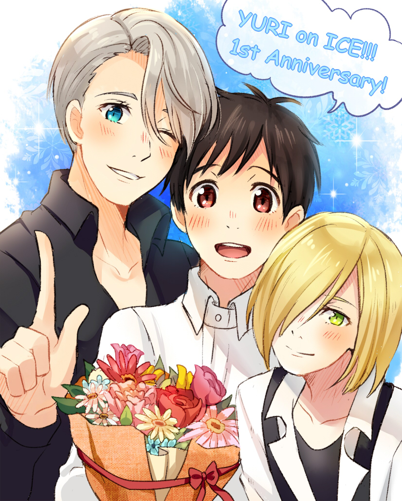 katsuki yuuri, viktor nikiforov, and yuri plisetsky (yuri!!! on ice) drawn by twc_(p-towaco)