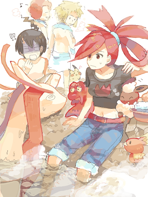 pikachu, brendan, flareon, torchic, milotic, and 4 more (pokemon and 3 more) drawn by kawa_sumi