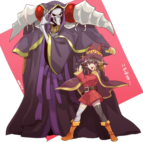 megumin and ainz ooal gown (kono subarashii sekai ni shukufuku wo! and 2 more) drawn by masiro