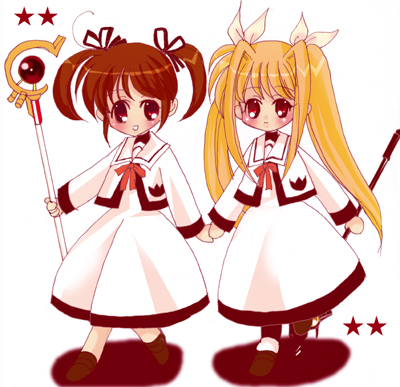 fate testarossa, takamachi nanoha, raising heart, and bardiche (lyrical nanoha and 2 more) drawn by hina_sasaki