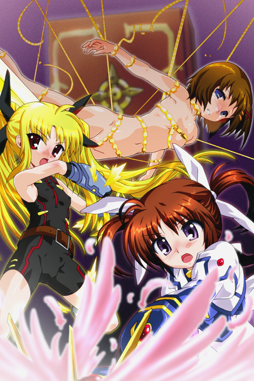 fate testarossa, takamachi nanoha, yagami hayate, raising heart, and tome of the night sky (lyrical nanoha and 3 more) drawn by master_woo