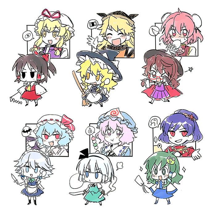 hakurei reimu, kirisame marisa, remilia scarlet, izayoi sakuya, kochiya sanae, and 8 more (touhou) drawn by re_ghotion
