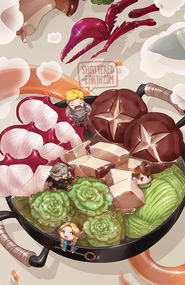 marcille donato, laios touden, senshi, and chilchuck tims (dungeon meshi) drawn by shattered_earth