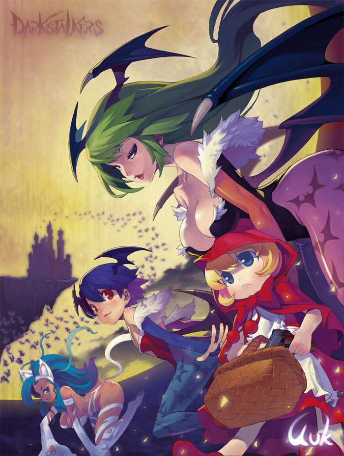 morrigan aensland, lilith, felicia, and b.b. hood (darkstalkers) drawn by kuks