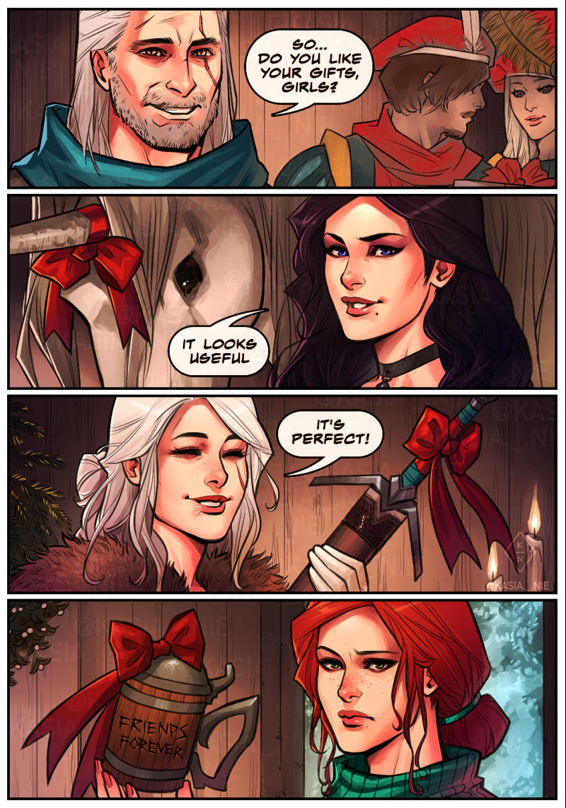 ciri, geralt of rivia, yennefer of vengerberg, triss merigold, julian alfred pankratz, and 1 more (the witcher) drawn by kasia_nie