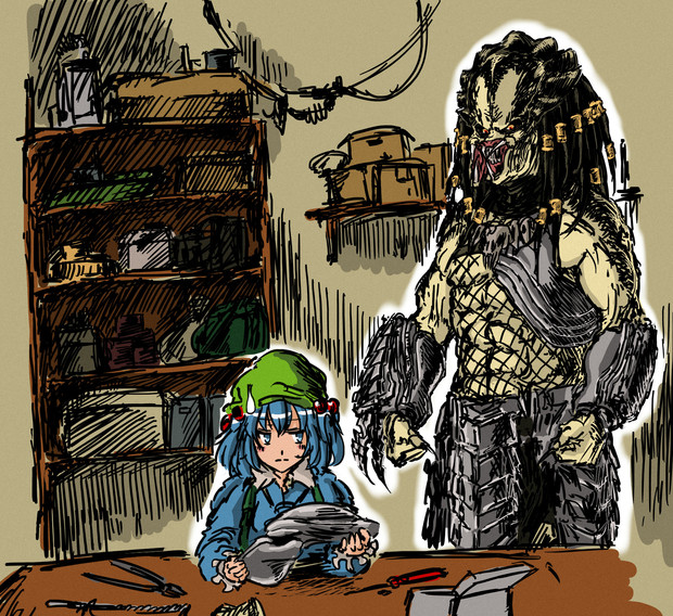 kawashiro nitori and predator (touhou and 1 more) drawn by nameo_(judgemasterkou)