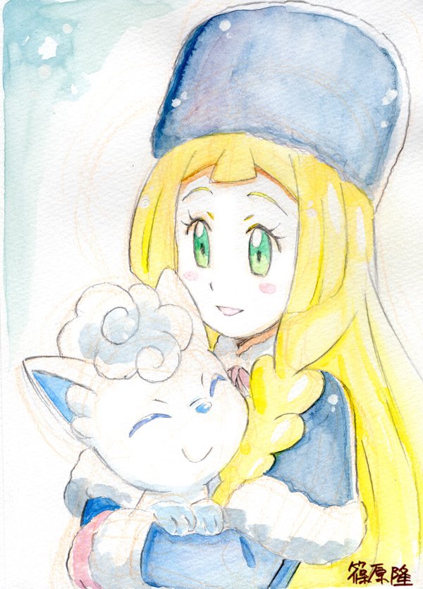 lillie and alolan vulpix (pokemon and 1 more) drawn by shinohara_takashi