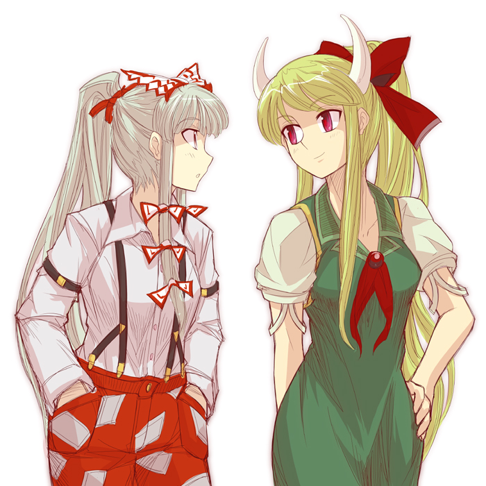 fujiwara no mokou, kamishirasawa keine, and ex-keine (touhou) drawn by rsk