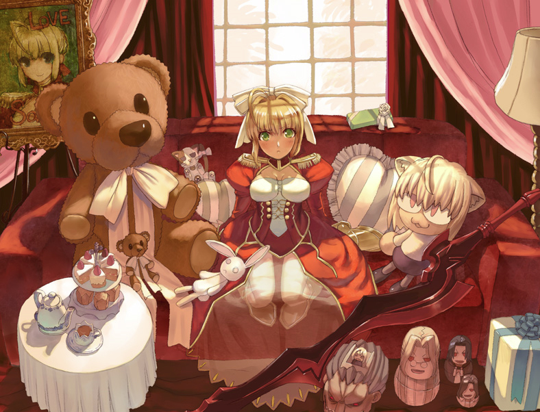 nero claudius, illyasviel von einzbern, heracles, neco-arc, michael roa valdamjong, and 1 more (fate and 2 more) drawn by sasaki_shounen