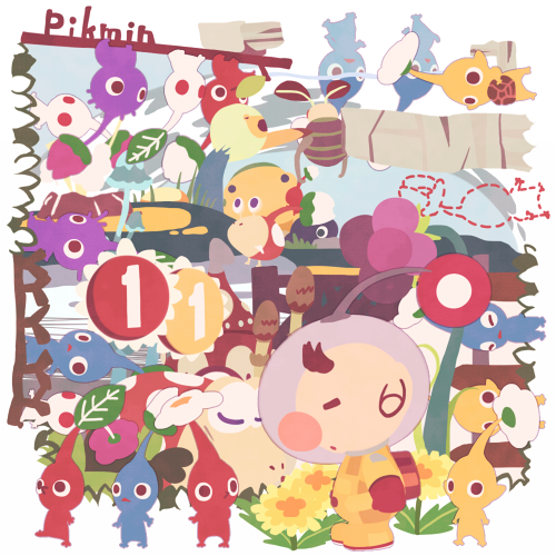 red pikmin, olimar, yellow pikmin, blue pikmin, purple pikmin, and 5 more (pikmin) drawn by topollo