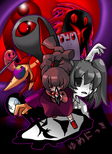 madotsuki, monoko, uboa, sekomumasada sensei, kyukkyu-kun, and 3 more (yume nikki) drawn by kumano_sakunosuke