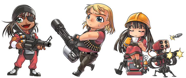 engineer, heavy, demoman, red engineer, red heavy, and 1 more (team fortress 2) drawn by man_(trance)