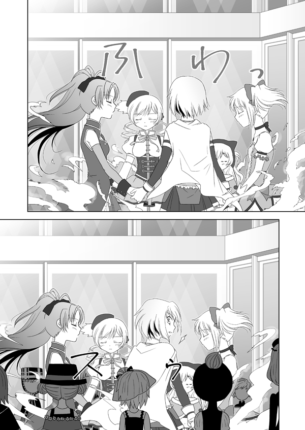 kaname madoka, miki sayaka, sakura kyoko, tomoe mami, momoe nagisa, and 1 more (mahou shoujo madoka magica and 1 more) drawn by kinoji