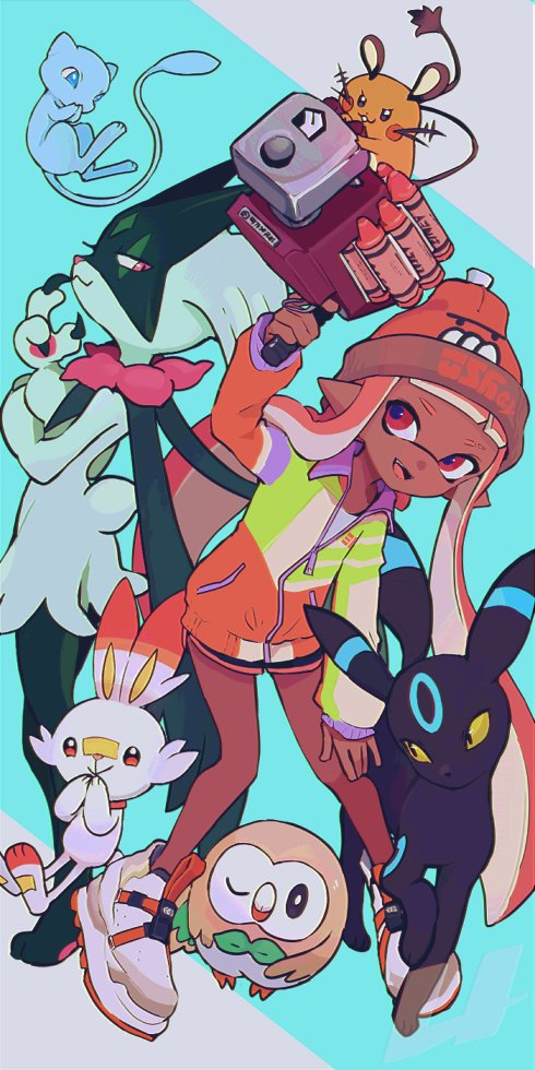 inkling player character, inkling girl, rowlet, umbreon, scorbunny, and 3 more (pokemon and 1 more) drawn by imaikuy0