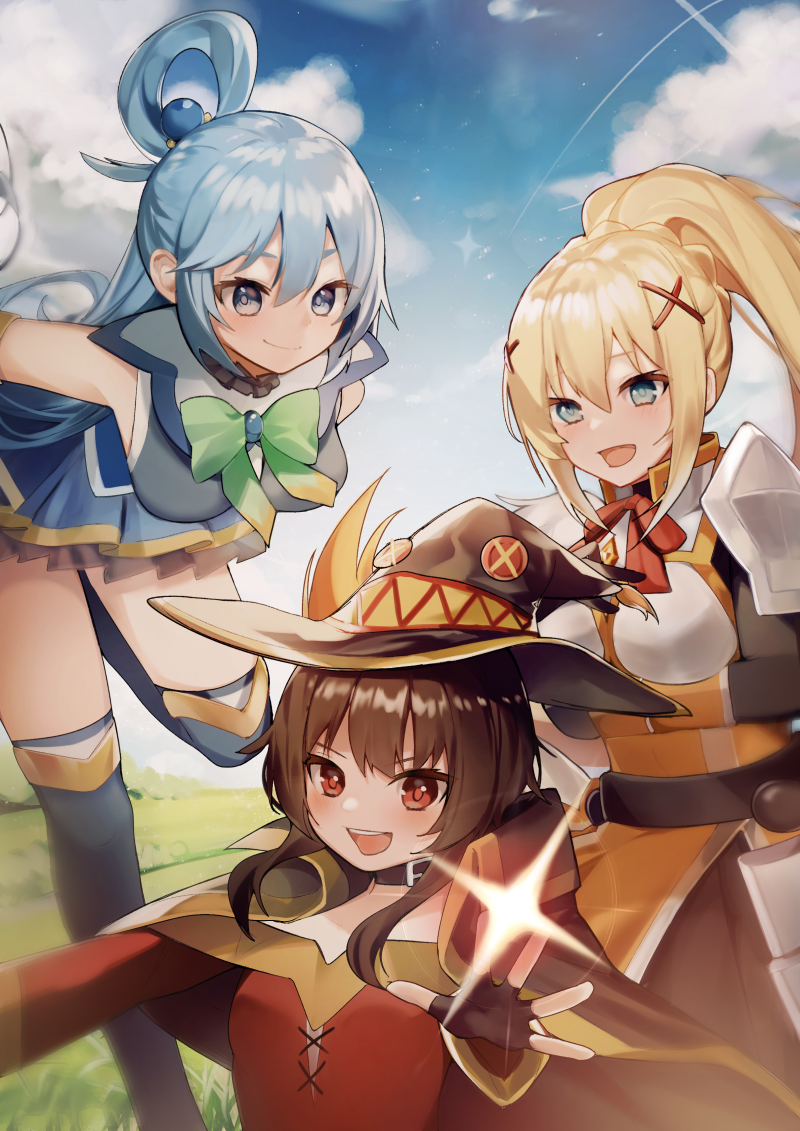 megumin, aqua, and darkness (kono subarashii sekai ni shukufuku wo!) drawn by xoaiu