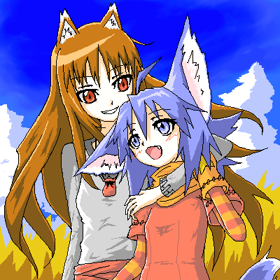holo and yuel (spice and wolf and 1 more) drawn by mof