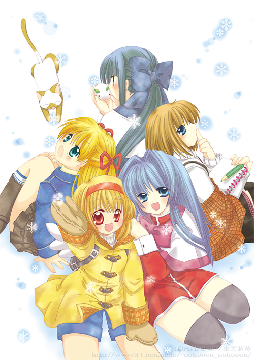 tsukimiya ayu, minase nayuki, sawatari makoto, kawasumi mai, misaka shiori, and 1 more (kanon) drawn by shinonome_moegi