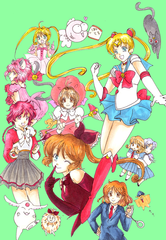 kinomoto sakura, tsukino usagi, sailor moon, kero, luna, and 5 more (bishoujo senshi sailor moon and 5 more) drawn by tokikyo