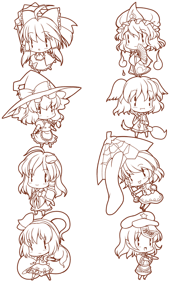 hakurei reimu, kirisame marisa, kochiya sanae, konpaku youmu, saigyouji yuyuko, and 3 more (touhou and 1 more) drawn by tsukasaki_aoi