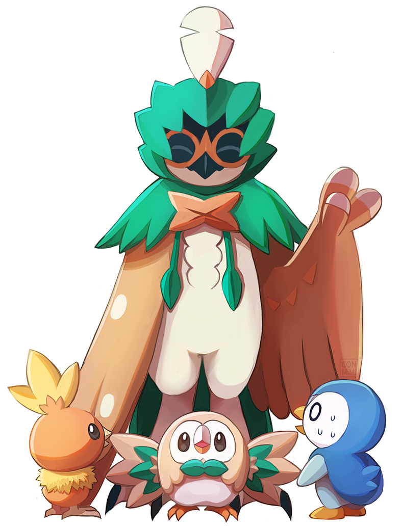 rowlet, piplup, torchic, and decidueye (pokemon) drawn by conmimi