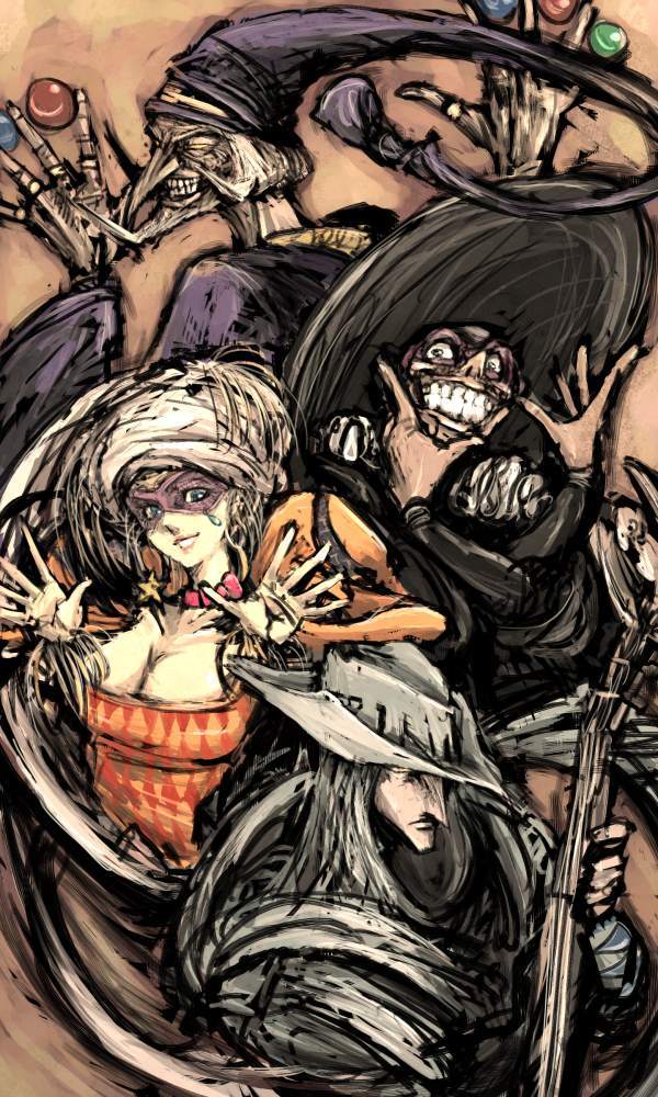 columbine, arlequino, pantalon, and dottori (karakuri circus) drawn by moto_murabito