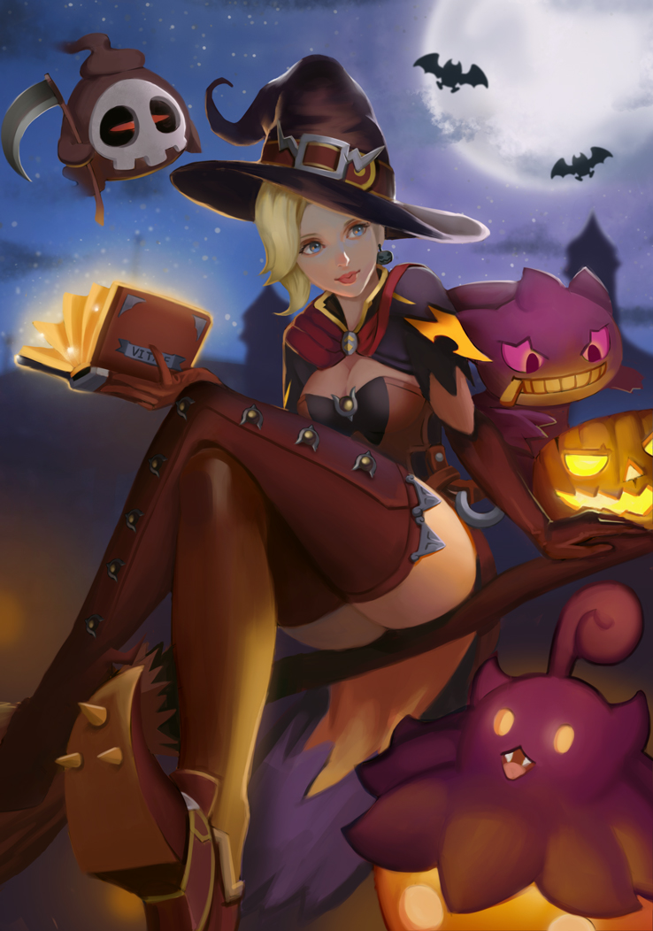mercy, banette, pumpkaboo, duskull, witch mercy, and 1 more (pokemon and 2 more) drawn by starry-hp