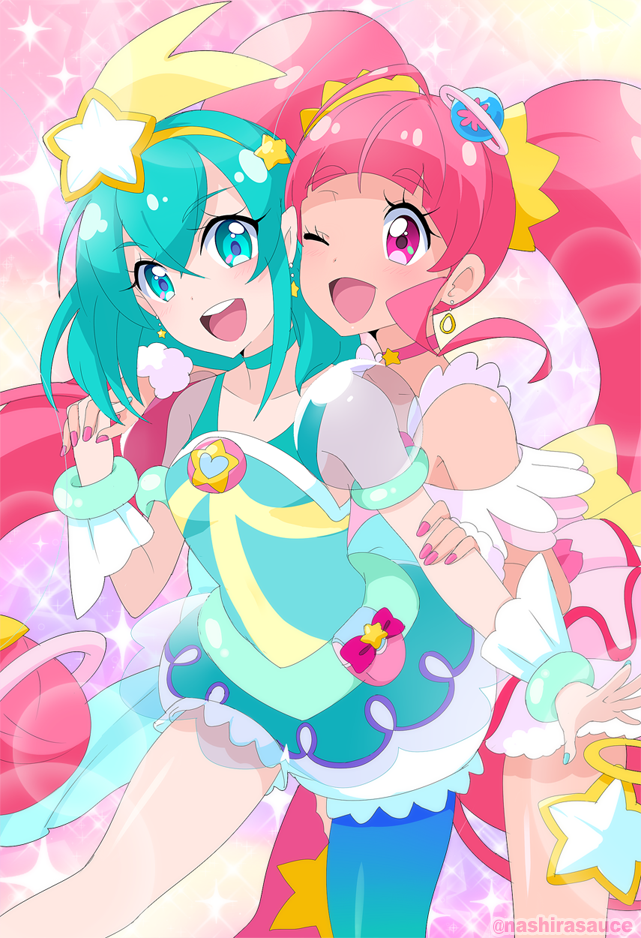 hagoromo lala, hoshina hikaru, cure milky, and cure star (precure and 1 more) drawn by nashirasauce